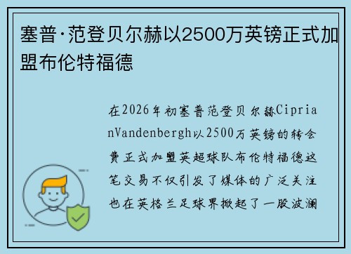 塞普·范登贝尔赫以2500万英镑正式加盟布伦特福德 塞普·范登贝尔赫以2500万英镑正式加盟布伦特福德