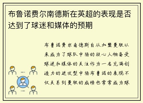 布鲁诺费尔南德斯在英超的表现是否达到了球迷和媒体的预期